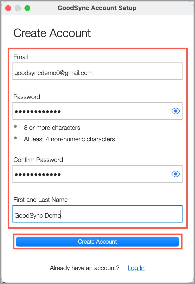 Demonstrating how to create a new GoodSync Account in GoodSync for Mac