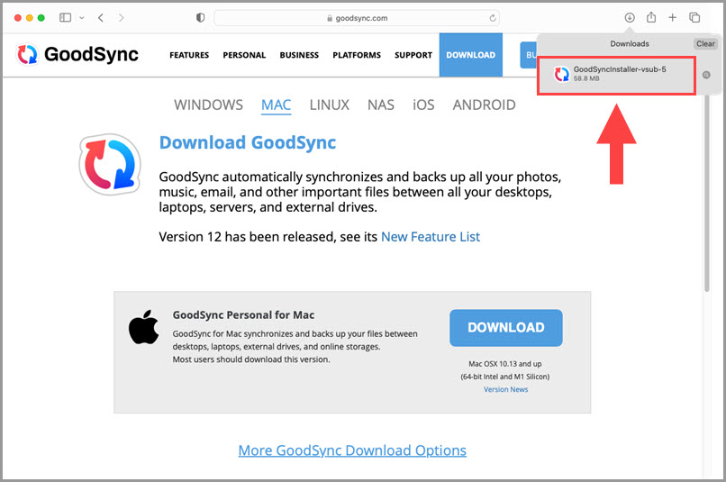 Demonstrating how to run the downloaded installer of GoodSync for Mac