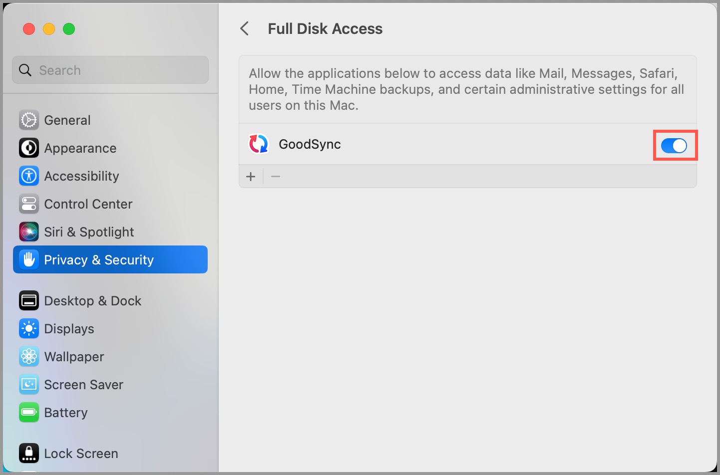 Screenshot of the macOS System Settings demonstrating how to grant Full Disk Access to GoodSync