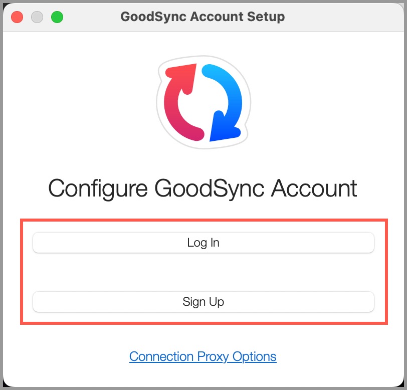 Screenshot of the GoodSync Account Setup window displaying options to log in with an existing GoodSync Account or create a new one