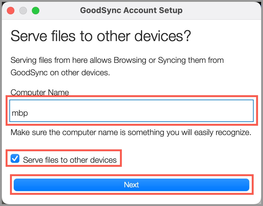 Showing how to configure the Computer Name and enable serving files to other devices during GoodSync Account Setup