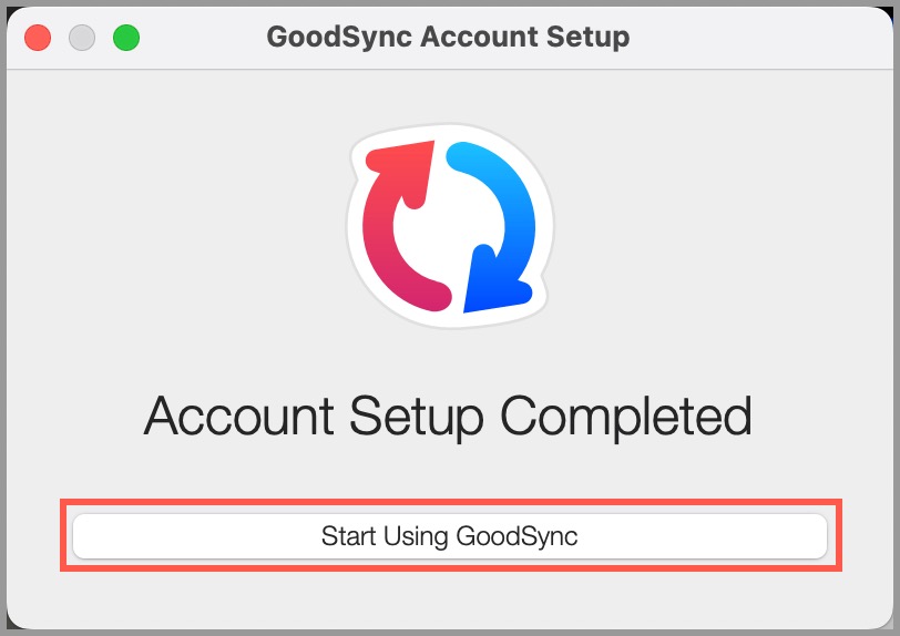 Screenshot confirming the completion of the GoodSync for Mac installation and offering the option to start using GoodSync