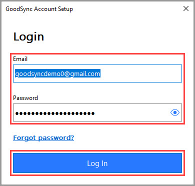 Screenshot of user account credentials being entered into a GoodSync Account Setup login prompt in GoodSync for Windows