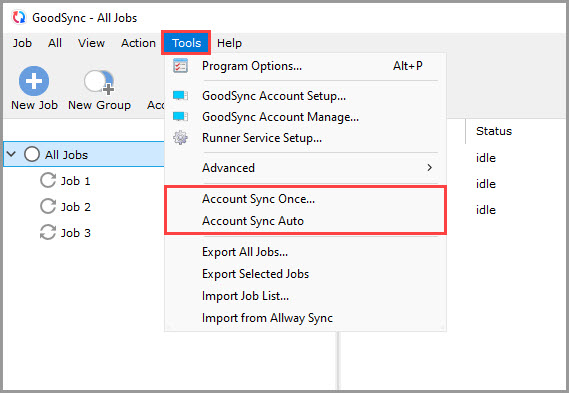 Screenshot demonstrating how to access the 'Account Sync Auto' and 'Account Sync Once' features in GoodSync for Windows
