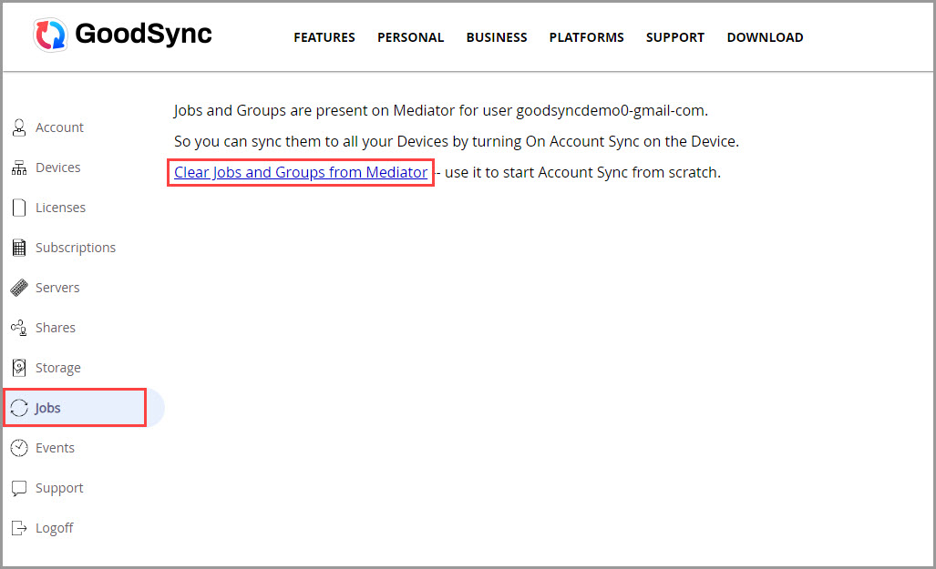 Screenshot illustrating how to clear Jobs and Groups from Mediator via the GoodSync Account Web UI