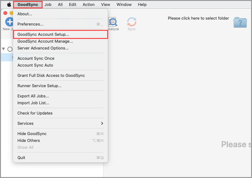 Screenshot showing how to access GoodSync Account Setup in GoodSync for Mac