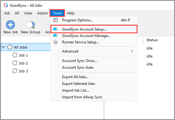Screenshot showing how to access GoodSync Account Setup in GoodSync for Windows