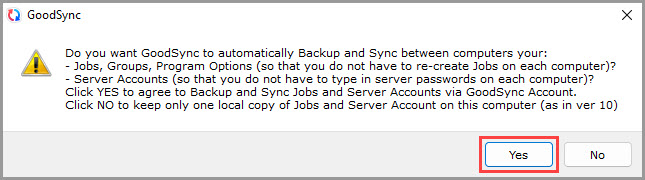 Screenshot showing how to confirm the use of the 'Account Sync Auto' feature in GoodSync for Windows