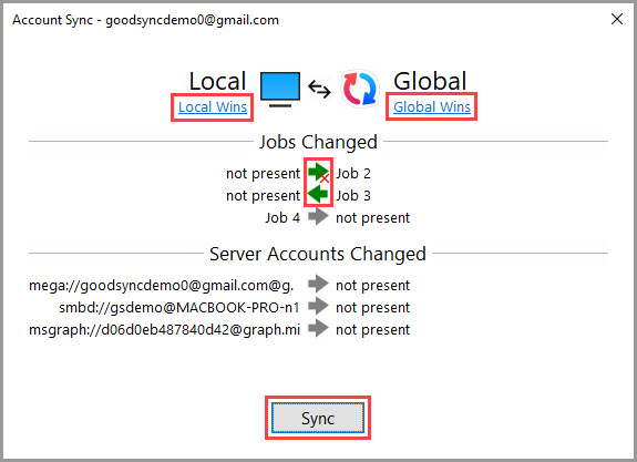 Screenshot demonstrating how to use the 'Account Sync Once' feature in GoodSync for Windows