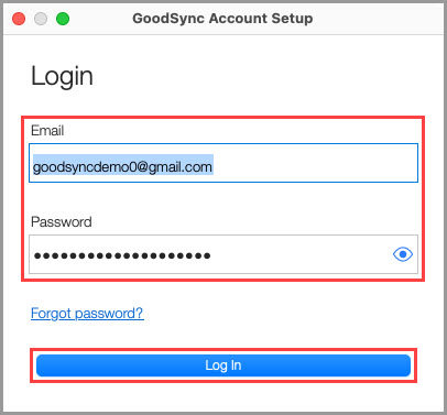 Screenshot of user account credentials being entered into a GoodSync Account Setup login prompt in GoodSync for Mac