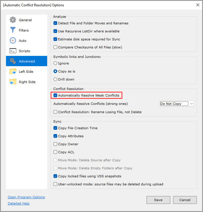 Demonstrating how to enable the 'Automatically Resolve Weak Conflicts' setting for a GoodSync job