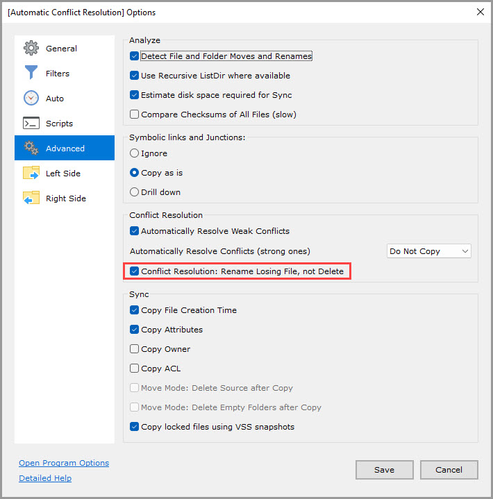 Screenshot demonstrating how to configure a job to rename losing files instead of deleting them