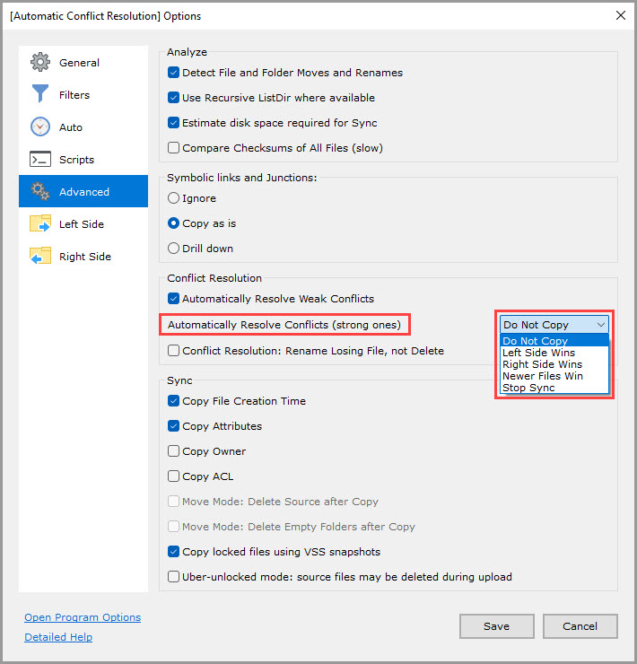 Screenshot displaying the options available for the 'Automatically Resolve Conflicts' setting