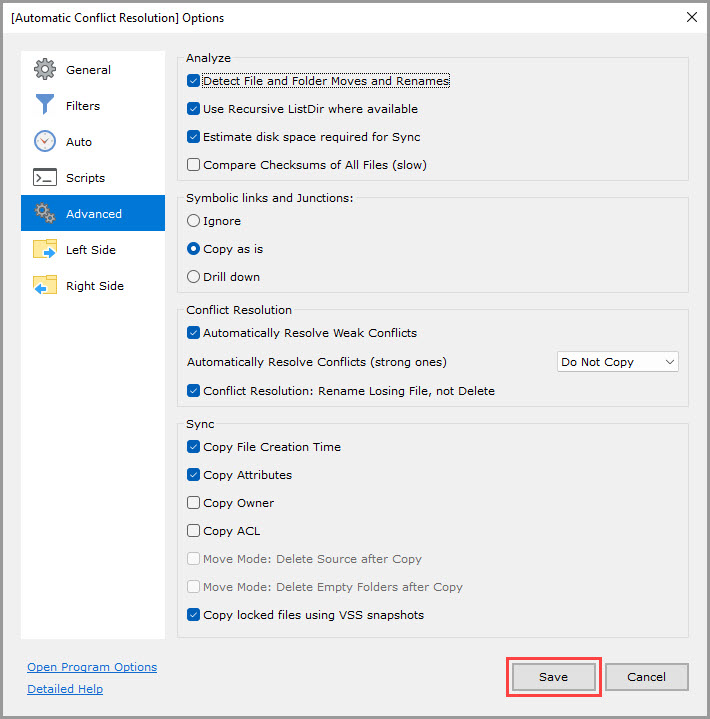 Demonstrating how to save the Advanced Job Options in GoodSync