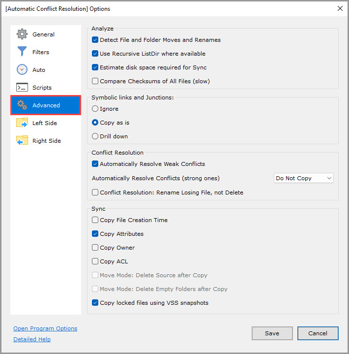 Screenshot showing how to navigate to the 'Advanced' section of the Job Options in GoodSync