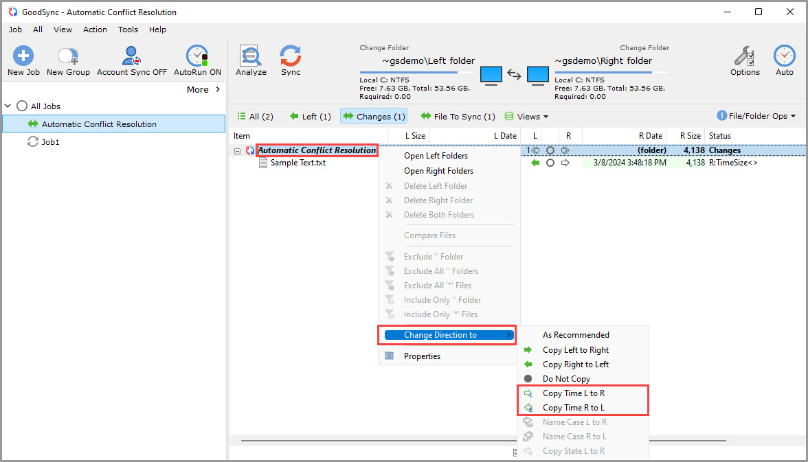 Screenshot showing how to resolve a time-based conflict using the 'Copy Time' action