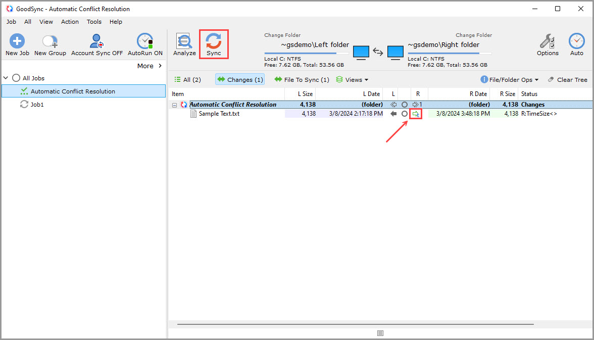 Screenshot showing how to complete the synchronization to resolve the identified time-based conflicts in GoodSync