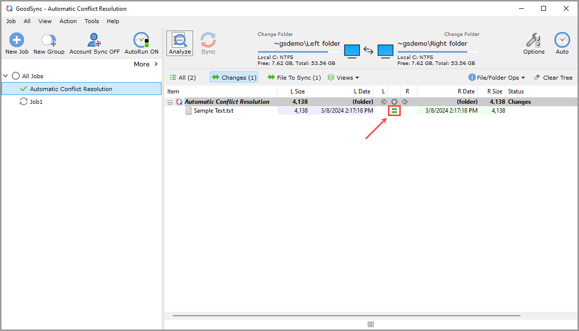 Screenshot of the GoodSync window indicating that the files are synchronized and free of conflicts