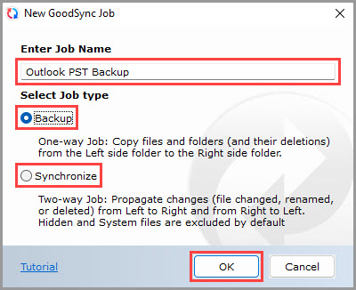Demonstrating how to set the job name and job type for a new GoodSync job