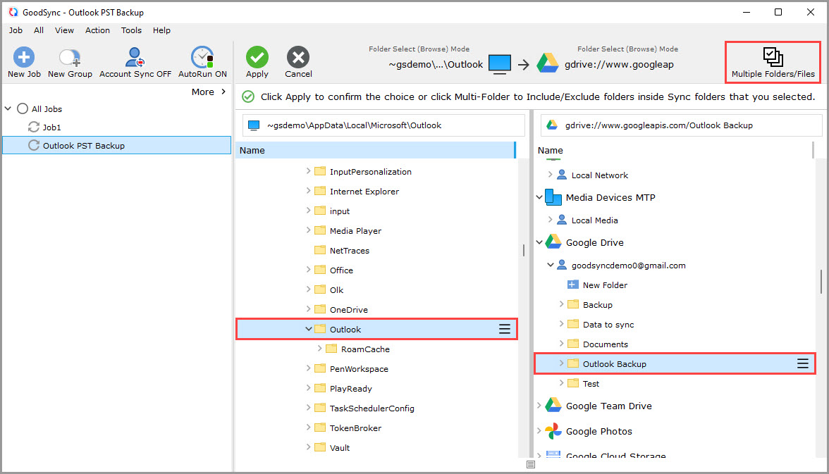 Demonstrating how to select the left and right sync folders and access the multiple folder/file selection dialog in a GoodSync job