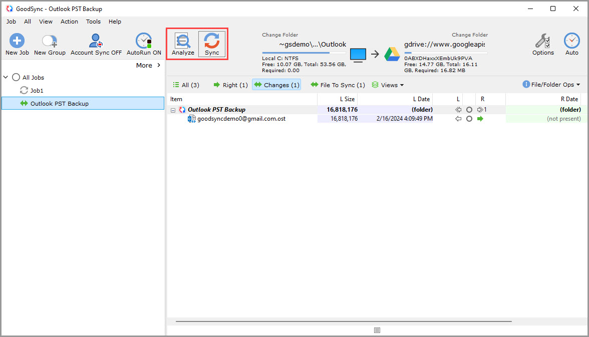 Screenshot showing that a new job is ready to begin the backup of an Outlook PST or OST file