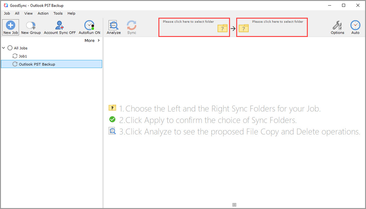 Screenshot of the GoodSync window illustrating how to enter browse mode for sync folder selection