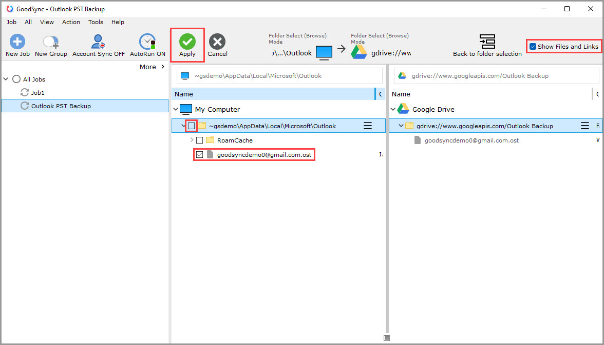 Showing how to display individual files and select an Outlook PST or OST file for backup