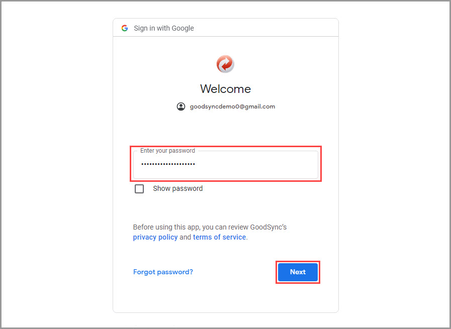 Screenshot displaying how to enter a Google Account password on the Google authentication page