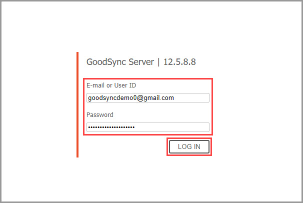 Showing how to enter credentials of a GoodSync Account and log in to the GoodSync Server Web UI