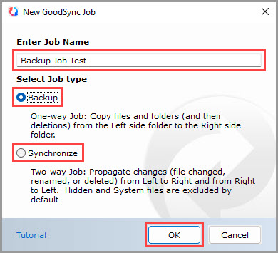 Demonstrating how to set the job name and job type for a new GoodSync job