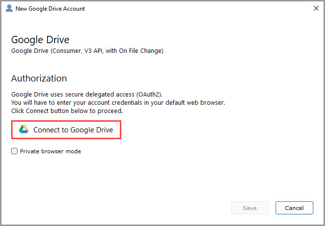 Screenshot illustrating how to start the process of adding a new Google Drive account in GoodSync