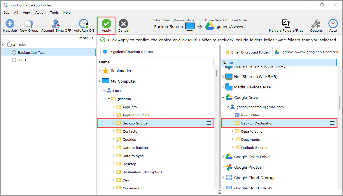 Demonstrating the selection of the right side sync folder in a GoodSync job