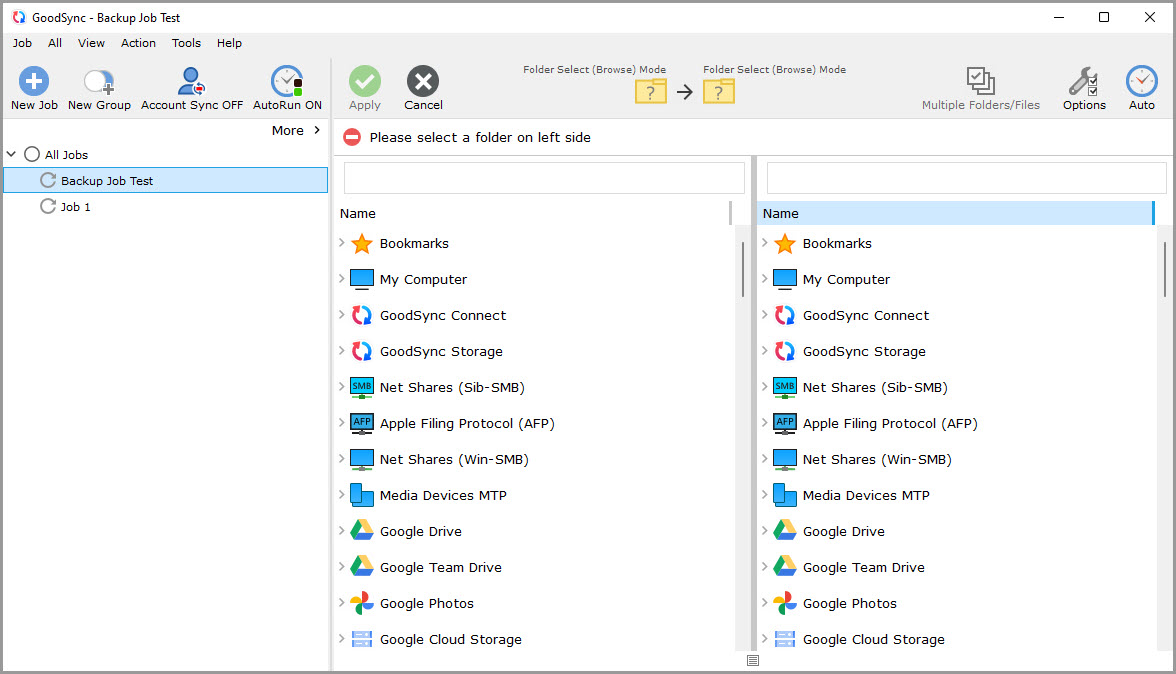 Screenshot displaying the file systems and cloud storage providers available for selection in GoodSync