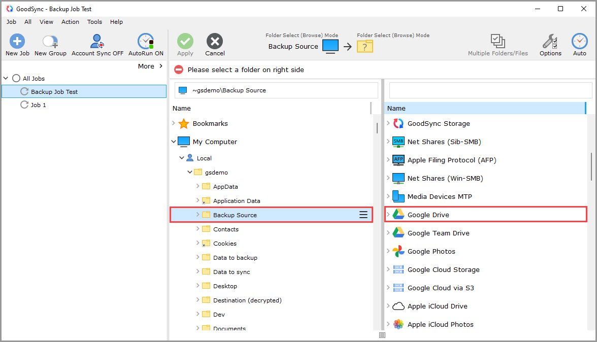 Demonstrating the selection of the left side sync folder in a GoodSync job