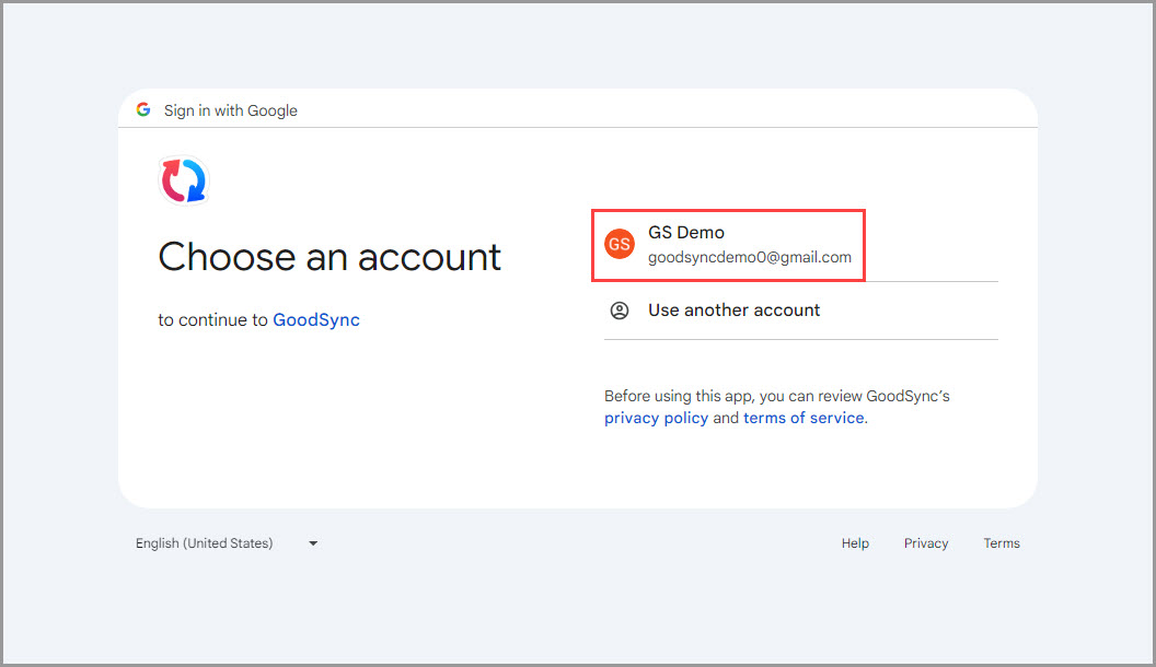 Illustration of how to select a Google account to grant GoodSync access to Google Drive