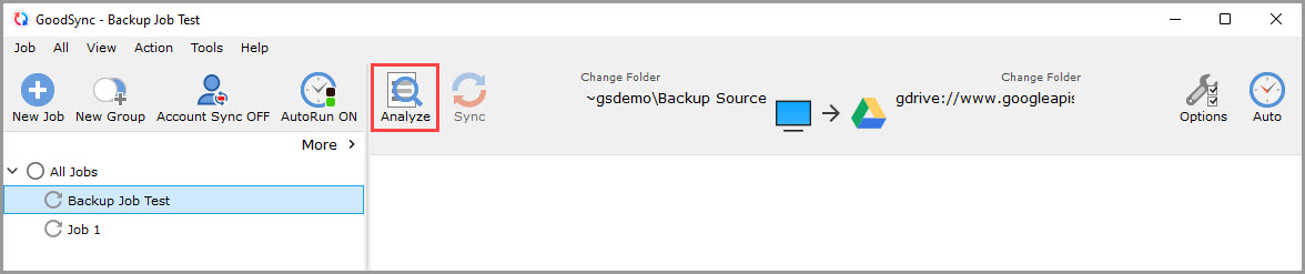 Illustration of clicking the Analyze button to view the changes suggested by GoodSync