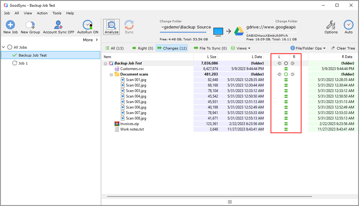 Screenshot displaying the results of a completed GoodSync job