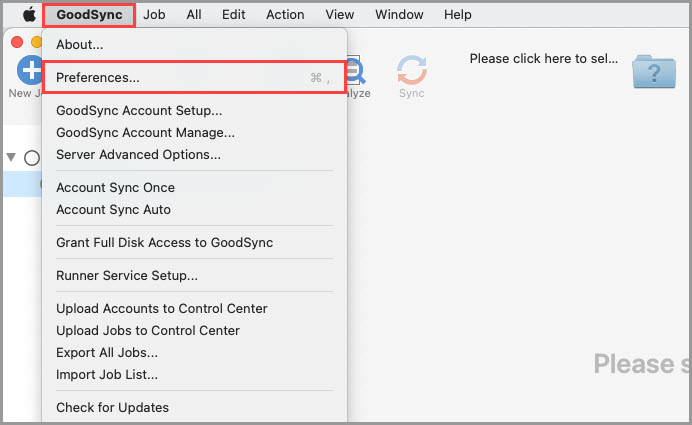 Screenshot demonstrating how to access the GoodSync Preferences within the GoodSync for Mac interface