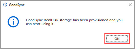 Screenshot displaying a confirmation message indicating that free GoodSync Storage has been successfully claimed