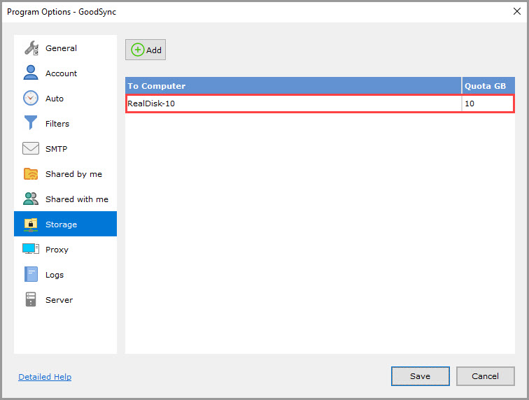 Screenshot showing the newly added free GoodSync Storage in the 'Storage' section of the GoodSync application