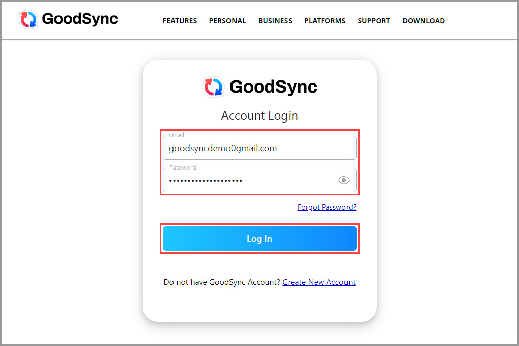Screenshot showing the process to log into a GoodSync Account online