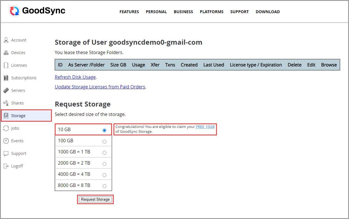 Demonstrating the process of claiming 10 GB of free GoodSync Storage from within an online GoodSync Account
