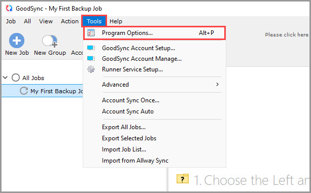 Screenshot demonstrating how to access the GoodSync Program Options within the GoodSync for Windows interface