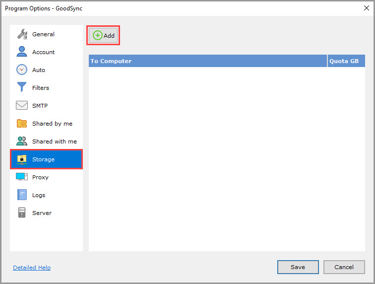 Screenshot of the GoodSync application demonstrating how to navigate to the 'Storage' section for adding GoodSync Storage