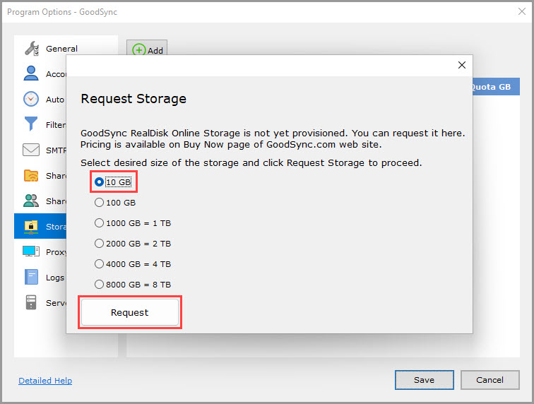 Illustrating how to request 10 GB of free GoodSync Storage within the GoodSync desktop application