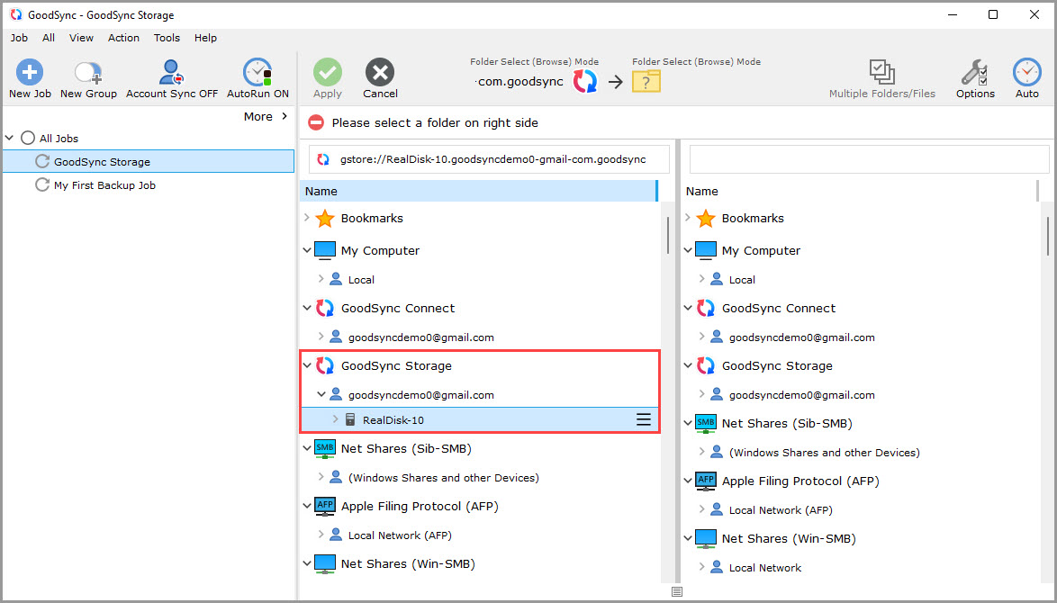 Screenshot illustrating how to select GoodSync Storage as a source or destination in a GoodSync job