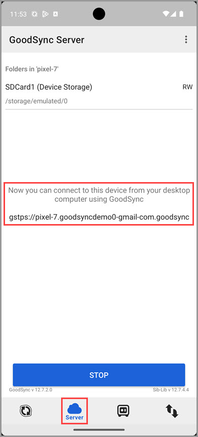 Illustrating how to verify the GoodSync server is running in the GoodSync for Android app