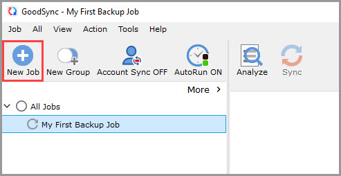 Screenshot showing how to create a new job in GoodSync for Windows using the New Job button in the Toolbar