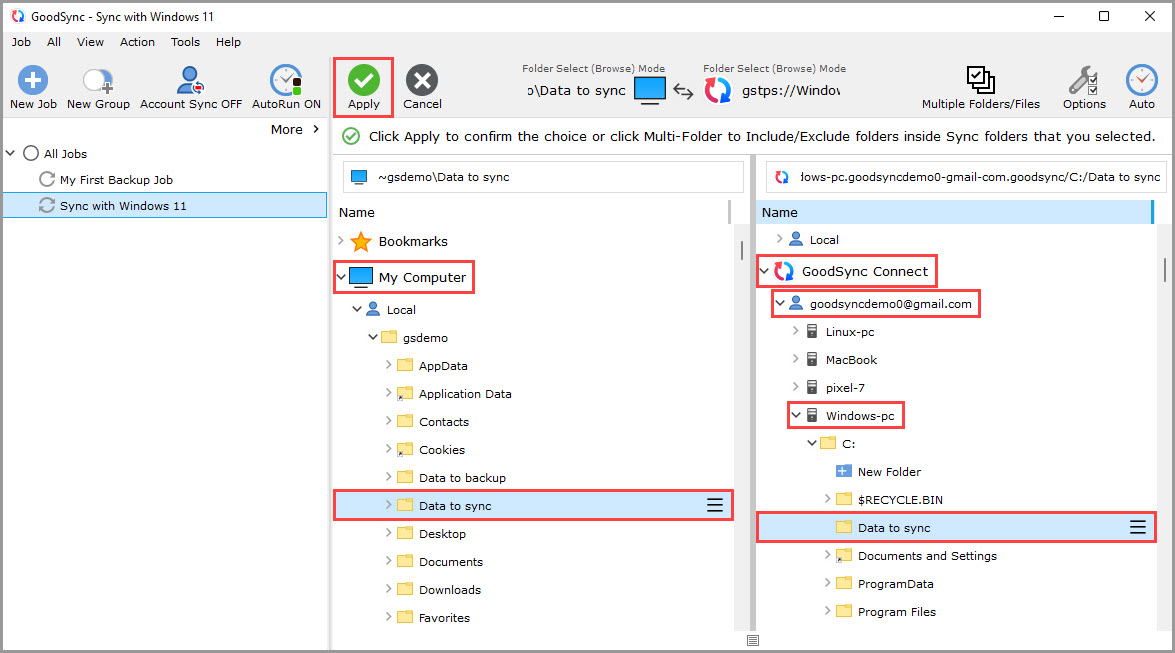 Screenshot illustrating the process of setting a local folder as the Left sync folder and a remote folder as the Right sync folder in GoodSync