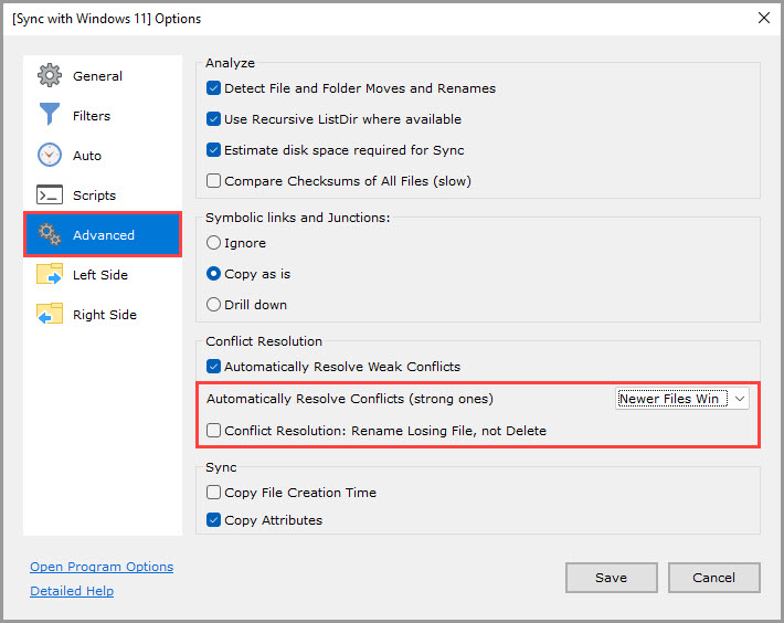Screenshot displaying the conflict resolution options for a GoodSync job
